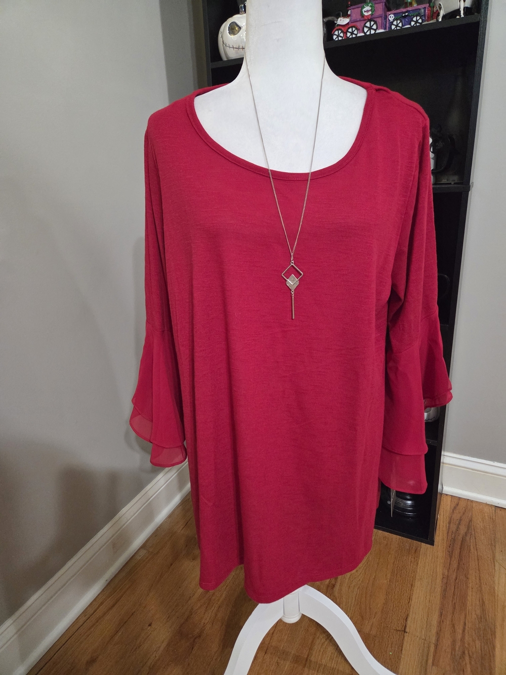 I.N. Studio Fuchsia Red Scoop Neck Tunic with Layered Chiffon Sleeves